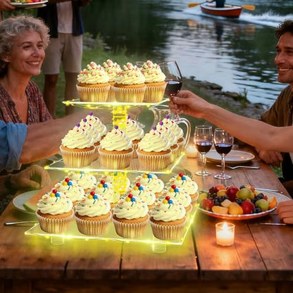 YestBuy 3 Tier Cupcake Stand with Yellow LED String Light for 24 Cupcakes - color: Yellow, size: 3 Tier Square