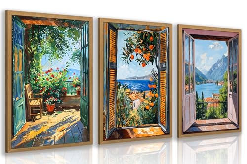 CAZLOUC Mediterranean Window View Wall Art Set of 3, Italian Coastal Balcony Wall Decor, Matisse Floral Landscape Prints, Sunny Garden Window Artwork for Living Room Bedroom Wood Framed 12x16 Inch - color: WindowView, size: 16"L x 12"W