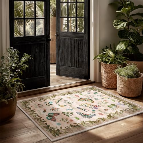 2x3 Washable Small Rugs for Entryway: Door Mat Indoor Entrance Throw Rug Non-Slip Low Pile Soft Kitchen Rug for Front Door Indoor Entrance Bedside Entry Kids Room - color: Butterfly-light Pink, size: 2' x 3' (Rectangular)