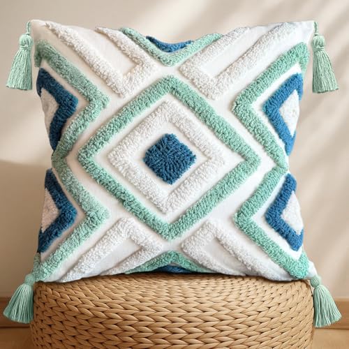 Throw Pillow Covers 18x18 - Tufted Decorative Pillow Cover with Zipper for Couch Sofa Bed Living Room Aesthetic Tassels Textured Striped Farmhouse Indoor Pillowcases, Green Blue Rhomb - color: Green Blue Rhomb, size: 18" x 18" (Pack of 1)