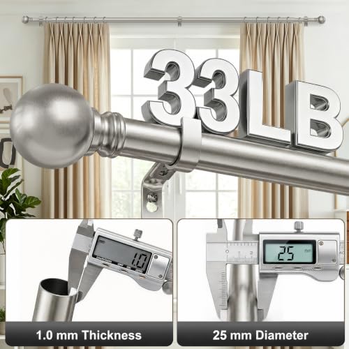 Brushed Nickel Curtain Rods 16-88 Inch Heavy Duty 1 Inch Diameter - color: Nickel, size: 16"-88"|1 Pack