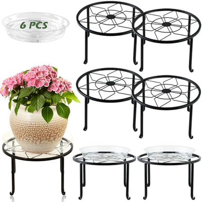 6-pack 9" Large Metal Plant Stands Indoor Outdoor Rustproof Iron Potted Plant Holder Heavy-duty Round Flower Pot Riser Shelf for Garden Patio Corner Stand with Clear Water Tray - size: 6 Pack (9 inch)