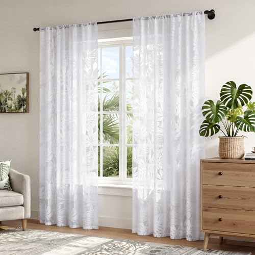 HOMEIDEAS White Semi Sheer Curtains Tropical Monstera Palm, 52 X 84 Inch - color: White - Monstera Palm Leaf, size: 52"W x 84"L (Pack of 2)