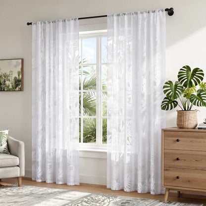 HOMEIDEAS White Semi Sheer Curtains Tropical Monstera Palm, 52 X 96 Inch - color: White - Monstera Palm Leaf, size: 52"W x 96"L (Pack of 2)