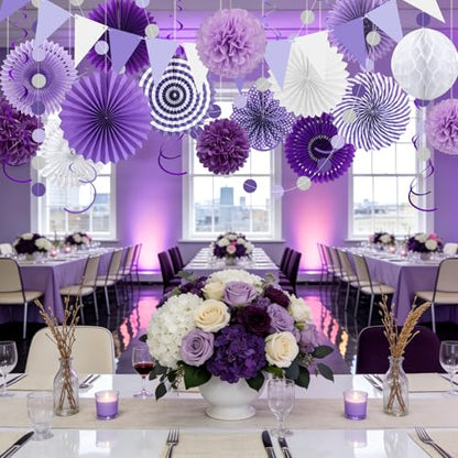24 Pcs Purple Birthday Decorations Kit, Paper Fans Pom Poms Banner 8-16 in - color: Purple, Lavender, White