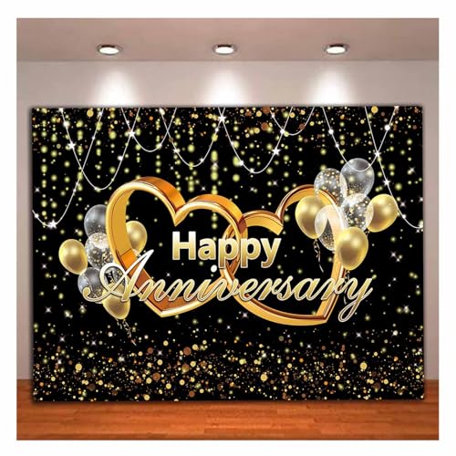 Happy Anniversary Backdrop Black and Gold Balloons Photography Background Poster for Wedding Anniversary Party Birthday Party Decorations Banner 9x6ft - size: 9x6FT(270x180cm)