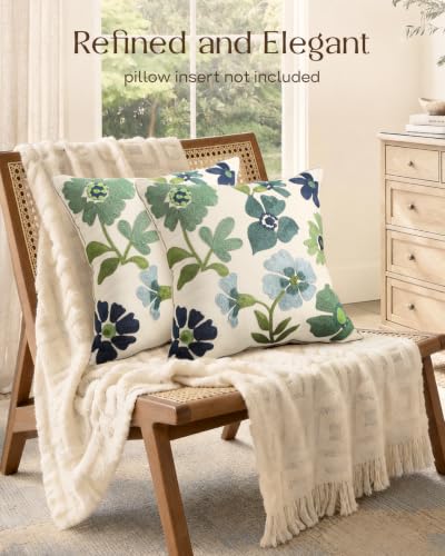 Embroidered Throw Pillow Covers 18x18 Inch, Set of 2, Teal Flower - color: Teal Flower, size: 18" x 18" (Pack of 2)