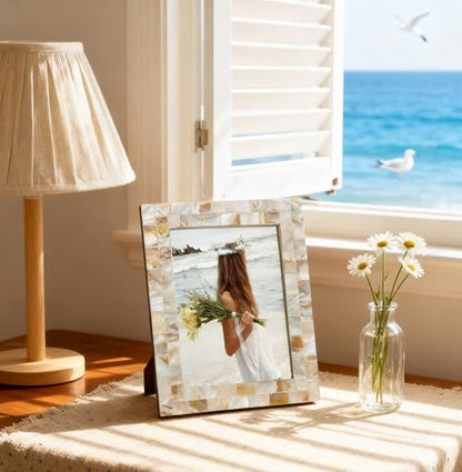 Picture Frame 5x7 Mother of Pearl Photo Frame,Beach Picture Frame Tabletop or Wall Hanging Display Frame(5x7 Natural White,1pc) - color: Natural White, size: 5x7 Inch