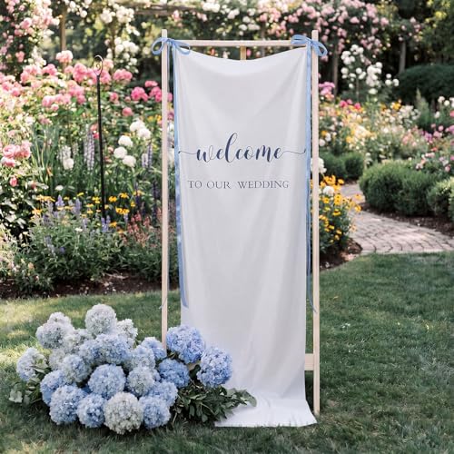 Tingjoo 27x78" Wedding Banner White, Deep Blue Backdrop Bow Hanging - color: White, Deep Blue, style: Wedding