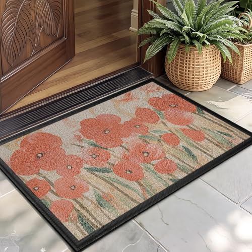 Color&Geometry Front Door Mat Outside Entrance, 24x36 Spring Entryway Doormat Dirt Trapper, Heavy Duty Non Slip Entry Mats for Patio Garage Porch Home Decorative, Red Poppy Floral - color: Red Poppy Floral, size: 24"x36"