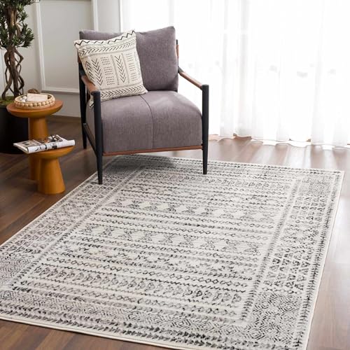 Hauteloom Greig Farmhouse Moroccan Geometric Area Rug - Boho Aztec Tribal Carpet for Living Room, Bedroom, Dining Room - Bordered - Off White, Black, Grey - 6'7" x 9' - color: Black, Charcoal, Light Gray / Greig, size: 6'7" x 9' (Rectangular)