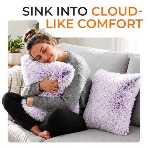 Cheer Collection Throw Pillows for Couch and Bed, Soft Shaggy Throw Pillows with Inserts Included, Cozy Long Hair Faux Fur Pillows - Set of 2-18" x 18" - Purple - color: Purple Ombre, size: 18 x 18-Inch