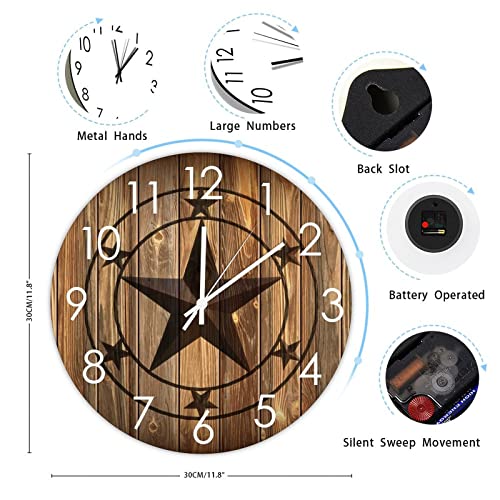 Wall Clock Western Texas Star Silent Battery Operated Rural Wood Clock Rustic Western Country Wall Decor for Bedroom Living Room Beach House Garden Deck - size: 12"x12"