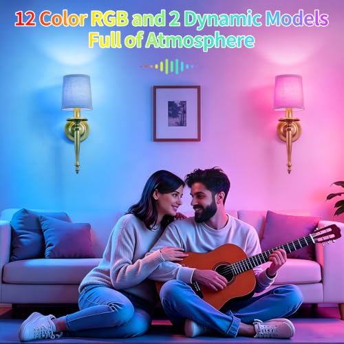 Rechargeable Wall Sconces Set of 2, Antique Brass Wall Lamps with Linen Shade, 10000mAh Battery Operated Wireless Lights, No Hardwiring Required, for Bedroom & Living Room