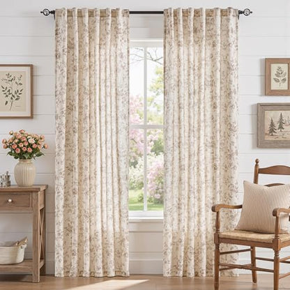 jinchan Linen Curtains 84 inch Taupe Floral Farmhouse Rod Pocket 2 Panels - color: Amlie Taupe, size: 50"W x 84"L (Pack of 2)