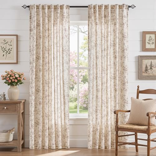 jinchan Linen Curtains 84 inch Taupe Floral Farmhouse Rod Pocket 2 Panels - color: Amlie Taupe, size: 50"W x 84"L (Pack of 2)