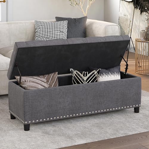 BELLEZE Storage Ottoman, Tufted Ottoman with Close Hinge, Foot Rest for Living Room (Gray, 47 inch) - color: Gray a