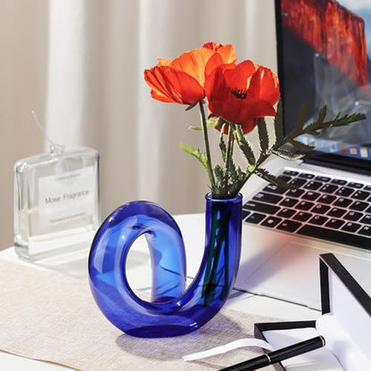 Joeyan Handmade Small Blue Glass Flower Vase,Decorative Geometric Bud Vase - color: Blue