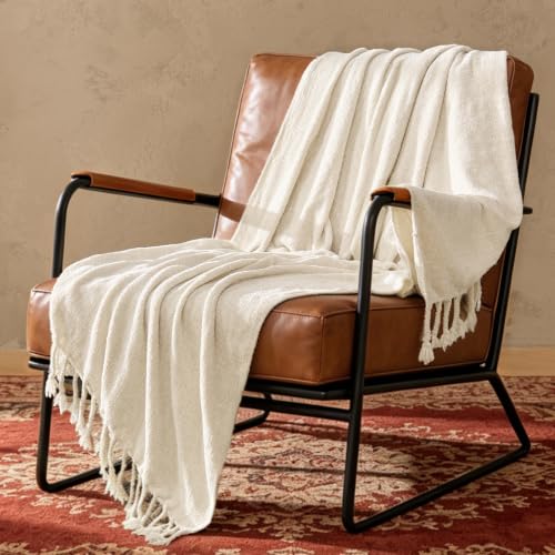 BEDELITE Soft Cozy Chenille Knit Throw Blanket with Tassel,Farmhouse Boho - color: Cream, size: Throw(50"x60")
