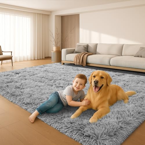 Grey Fluffy Shag Area Rug, Non-Slip Thick Soft Carpet for Home - color: Grey, size: 5' x 7' (Rectangular)