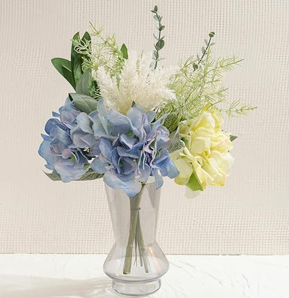 LUEUR Artificial Blue Hydrangea Flowers in Vase Centerpiece – Coastal Style - color: Green & Yellow