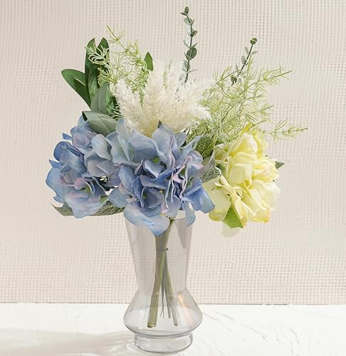 LUEUR Artificial Blue Hydrangea Flowers in Vase Centerpiece – Coastal Style - color: Green & Yellow