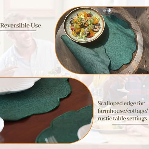 AHHFSMEI Round Scalloped Placemats Set of 6 15 Inch Faux Linen - color: Forest Green