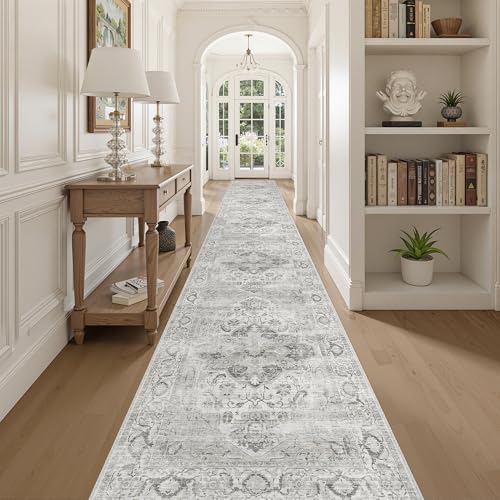 Washable 2.6x16 Runner Rug, Non Slip Hallway Runner Ivory/Gray - color: Ivory/Gray, size: 2'6"x16'
