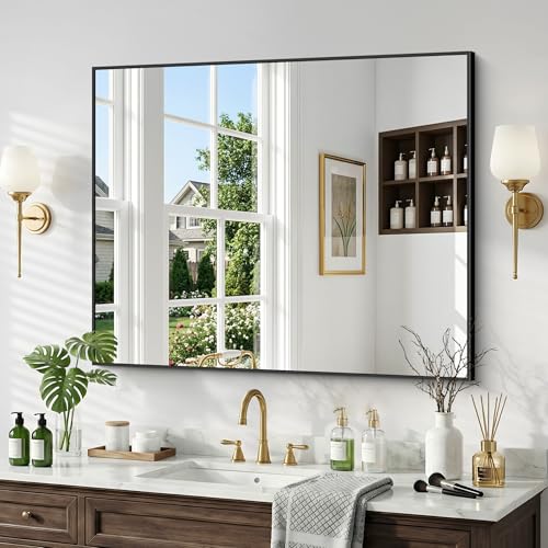 30"x36" Bathroom Mirror for Over Sink, Large Black Rectangle Mirrors for Wall, Black Framed Rectangular Mirror for Living Room Bedroom Bathroom, Hangs Horizontally or Vertically - color: Frame, size: 30"L x 36"W
