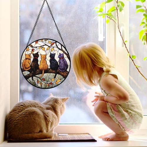 5 Cats on a Branch Stained Glass Window Hanging Suncatcher Gifts 12" - color: Black, size: 11.8x11.8 IN