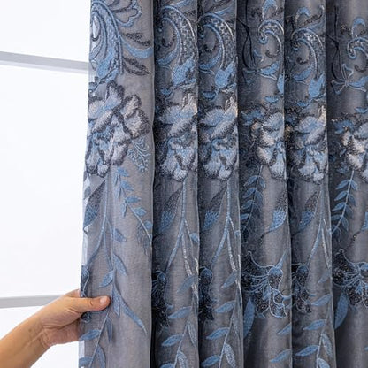 Amidoudou 1 Pair European Double Layer Curtains for Living Room Bedroom Luxury Peacock Flower Embroidered Curtains with Valance (Grey,51x84 Inch) - color: Grey, size: 51"W x 84"L (Pack of 2)