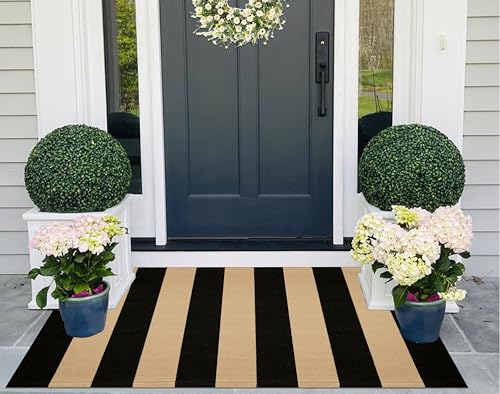 Striped Layering Rug 27.5"x43",Black and Tan Farmhouse Front Porch Mat - color: Black Tan, size: 2'4" x 3'7" (Rectangular)