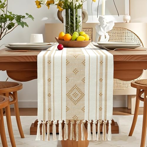 OTOSTAR Khaki Table Runner 13x72 Inches Boho Rustic Table Runner with Tassels Farmhouse Kitchen Dining Macrame Table Decoration for Christmas Home Wedding Party Birthday Holiday Decor (Khaki) - color: Khaki, size: 13"×72"