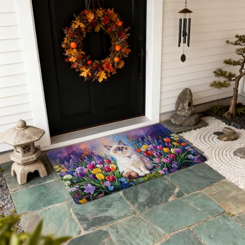 Spring Tulip Floral Ragdoll Cat Door Mat Outdoor Indoor Entrance Entryway 17x30 in, Ragdoll Cat Lover Gifts, Fantasy Flower Cats Welcome Mat for Front Door Porch638 - color: Fcolor002