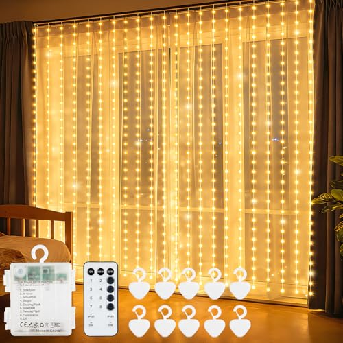 echosari Curtain Lights Battery Operated 9.8 x 9.8Ft with Timer Warm White | 300 LED Fairy Lights for Bedroom Wedding Backdrop Indoor Christmas Decor - color: Warm White, size: 9.8 × 9.8 ft