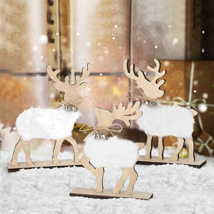 COCHIE Cute Christmas Tiered Tray Decor Indoor, Wooden Reindeer Christmas Tabletop Decorations and Xmas Tree Centerpiece, Reindeer Sign Standing Elk Decor for Home Party Decorations (Fur) - style: Fur