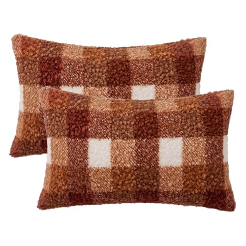 MIULEE Fall Plaid Pillow Covers Boucle Rust 12x20 Set of 2 Lumbar - color: Rust, size: 20" x 12" (Pack of 2)