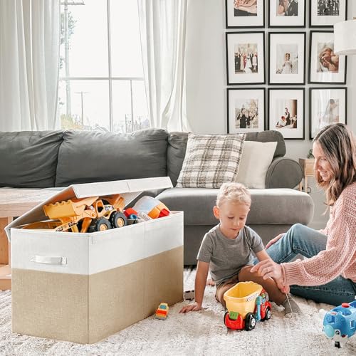INDRESSME 85L Large Toy Storage Box with Lid Divider Foldable Toy Chest - color: Beige & White, size: 25"x13"x16"