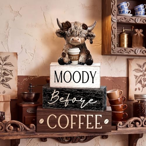 Yousoontic 4 Pcs Coffee Highland Cow Figurine, Rustic Farmhouse Decor - style: Coffee