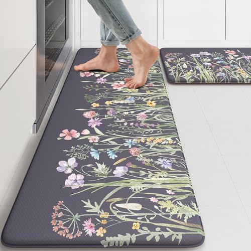 KIMODE Anti Fatigue Kitchen Mat, Farmhouse Floral Kitchen Rugs Grey Purple - color: Floral/Dark Grey/Purple, size: 47"L x 17.3"W x 0.47"Th + 29"L x 17.3"W x 0.47"Th