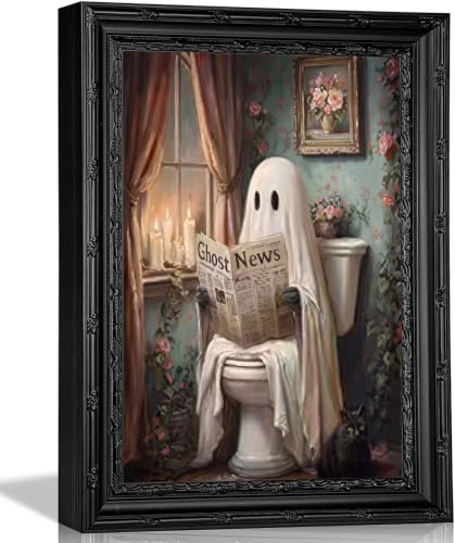 Kofeehic Black Framed Halloween Ghost Bathroom Wall Art Vintage Spooky Horror Ghost On Toilet Reading News Wall Decor Canvas Print Dark Academia Pictures Halloween Painting for Home Restroom 9x11in - color: Flower Ghost, size: 11"L x 9"W