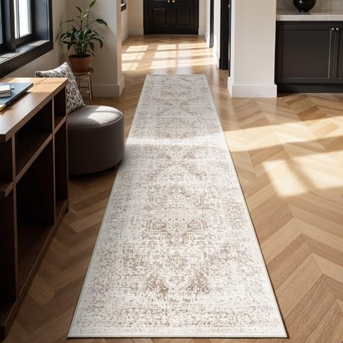 3x14 Washable Hallway Runner Rug: Long Vintage Soft Non Slip Rug IvoryBeige - color: Ivory/Beige, size: 3' x 14' (Runner)