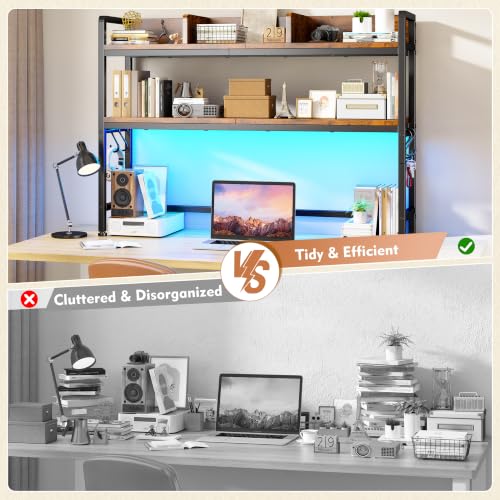 REIBII 2-Tier Desk Shelf, LED, Bedroom and Home Office, Rustic Brown - color: Rustic Brown, size: 7.8"D x 45.2"W x 38.7"H