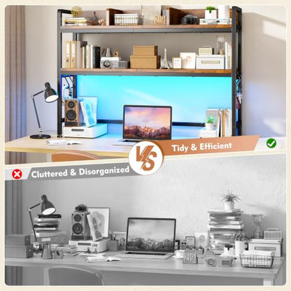 REIBII 2-Tier Desk Shelf, LED, Bedroom and Home Office, Rustic Brown - color: Rustic Brown, size: 7.8"D x 45.2"W x 38.7"H