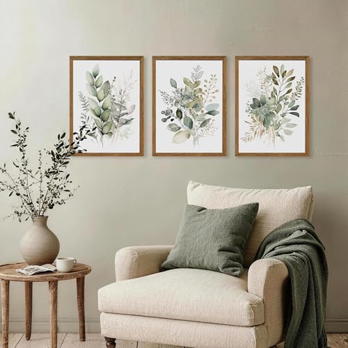 AVECCO 3 Pieces Green Watercolor Botanical Framed Canvas Wall Art 12x16 in - color: Sage Green Plant, size: 16"L x 12"W