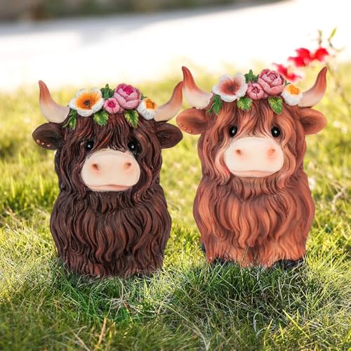 nuvagiki Highland Cow Decor Set of 3, Spring Farmhouse Highland Cow Figurines with Flower Crown, Cow Tiered Tray Decorations for Home Kitchen Table, Rustic Country Shelf Decor, Cow Gifts for Women