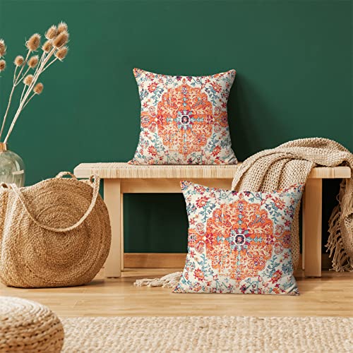 AEIOAE Boho Pillow Covers 16x16 Inch Set of 2,Carpet Pattern Throw Pillows Case,Orange Blue Ethnic Design Outdoor Decorative Square Linen Farmhouse Decor Cushion Covers for Home Sofa Bed Couch - color: Orange Blue Boho, size: 16" x 16" (Pack of 2)