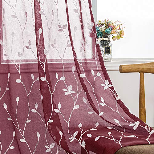 AmHoo 2 Panels Embroidered Leaf Pattern Semi Sheer Curtains Foliage Floral Voile Window Draperies Treatment for Bedroom Living Room Rod Pocket Burgundy Red 53 x 63 Inch - color: Burgundy Red, size: 53"W x 63"L (Pack of 2)