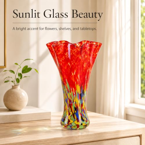 LCCCK 9.0" H Red Glass Vases for Flower, Unique Hand Blown Glass Vase - color: Red Green