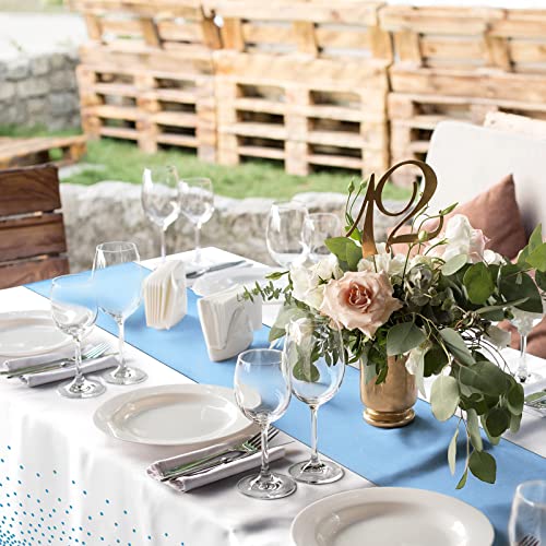 8Pack Disposable Plastic Tablecloths and Satin Table Runner Set White and Light Blue Dot Tablecloth Light Blue Satin Table Runner for Wedding Birthday Baby Shower Engagement Christmas Party Supplies - color: White and Light Blue, size: 8 Pack